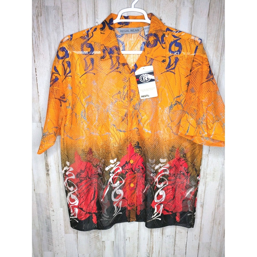 VTG NOS Regal Wear Mens L Mesh All-Over Samurai Print Button Up‎ Shirt Y2K 90s